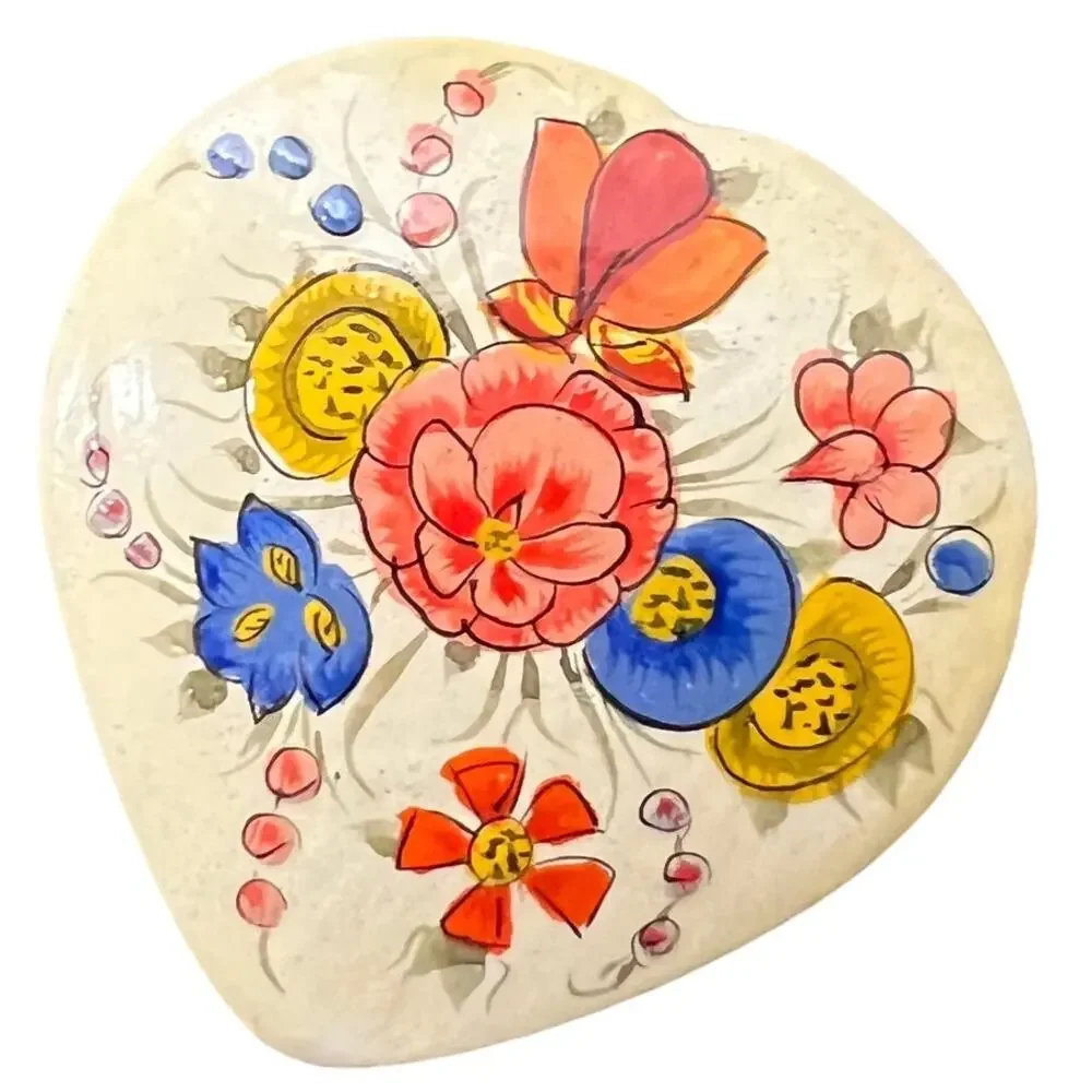 Vintage Heart Shaped Floral Trinket Box Hand Painted Folk Art Style